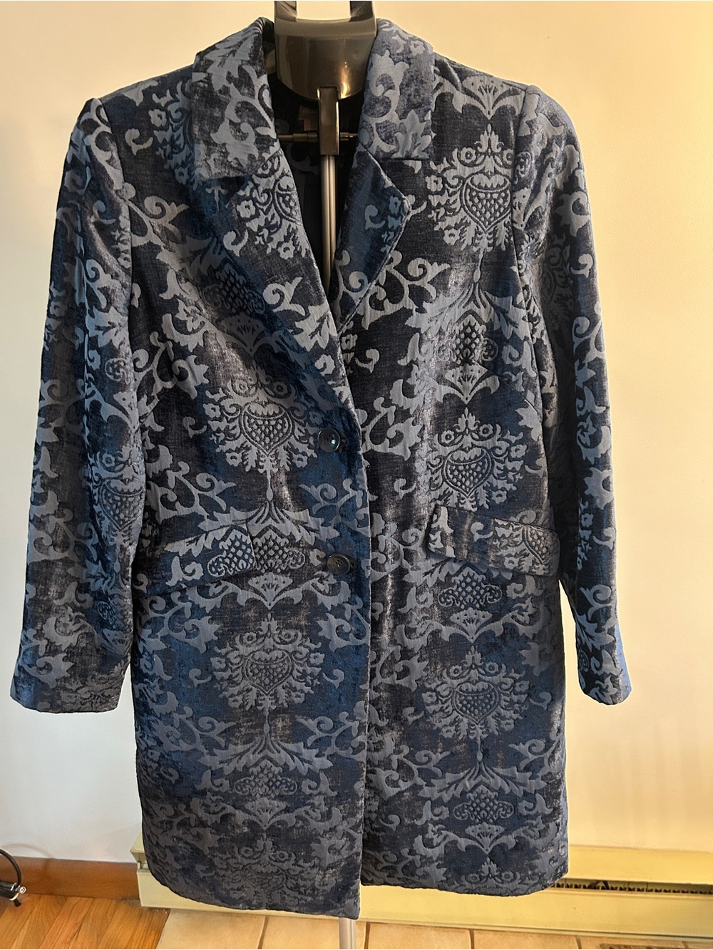 Chico's Navy and Light Blue Damask Long Blazer Coat